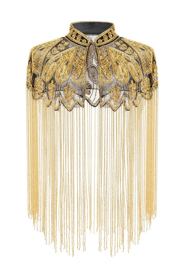 Sparkly Black Golden Beaded Fringed 1920s Cape